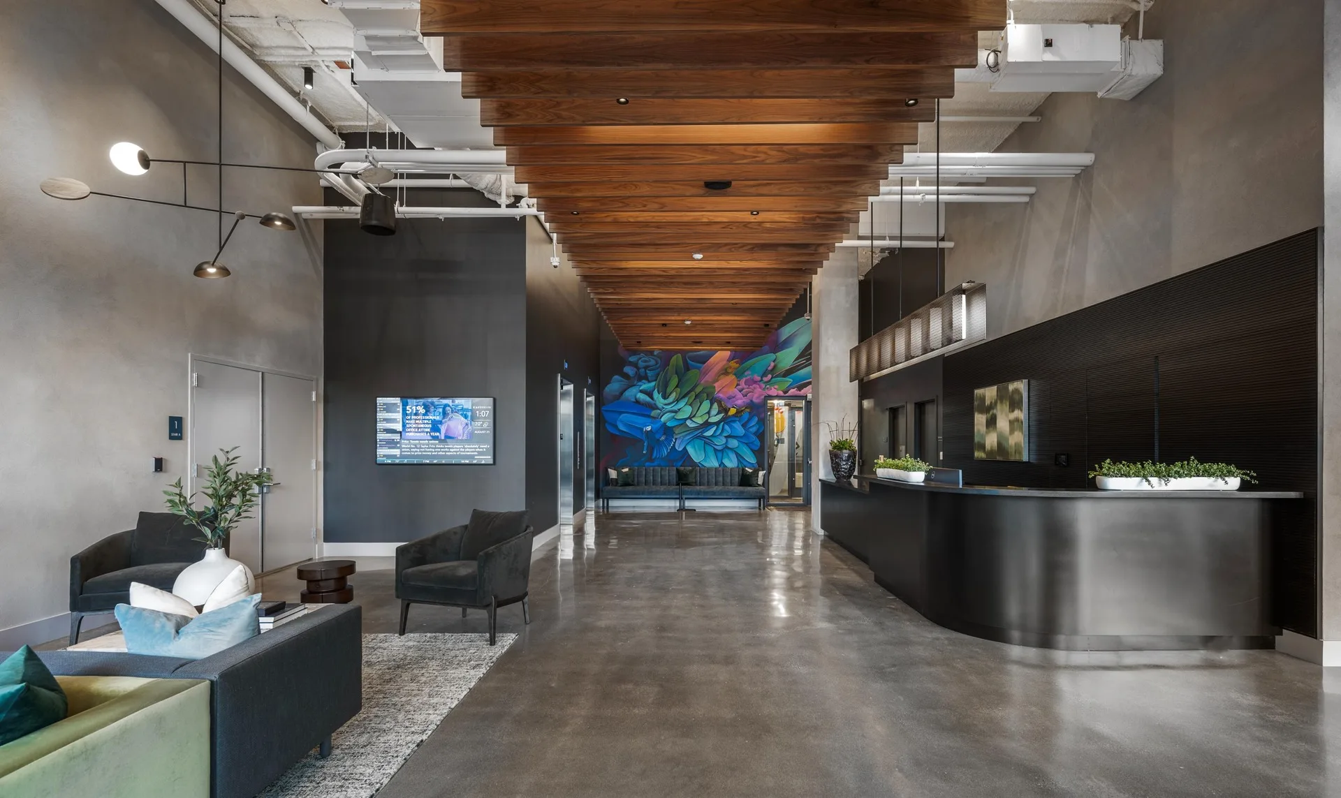 A sweeping view of our elegant lobby, capturing the essence of Alder' at Allston Yard.