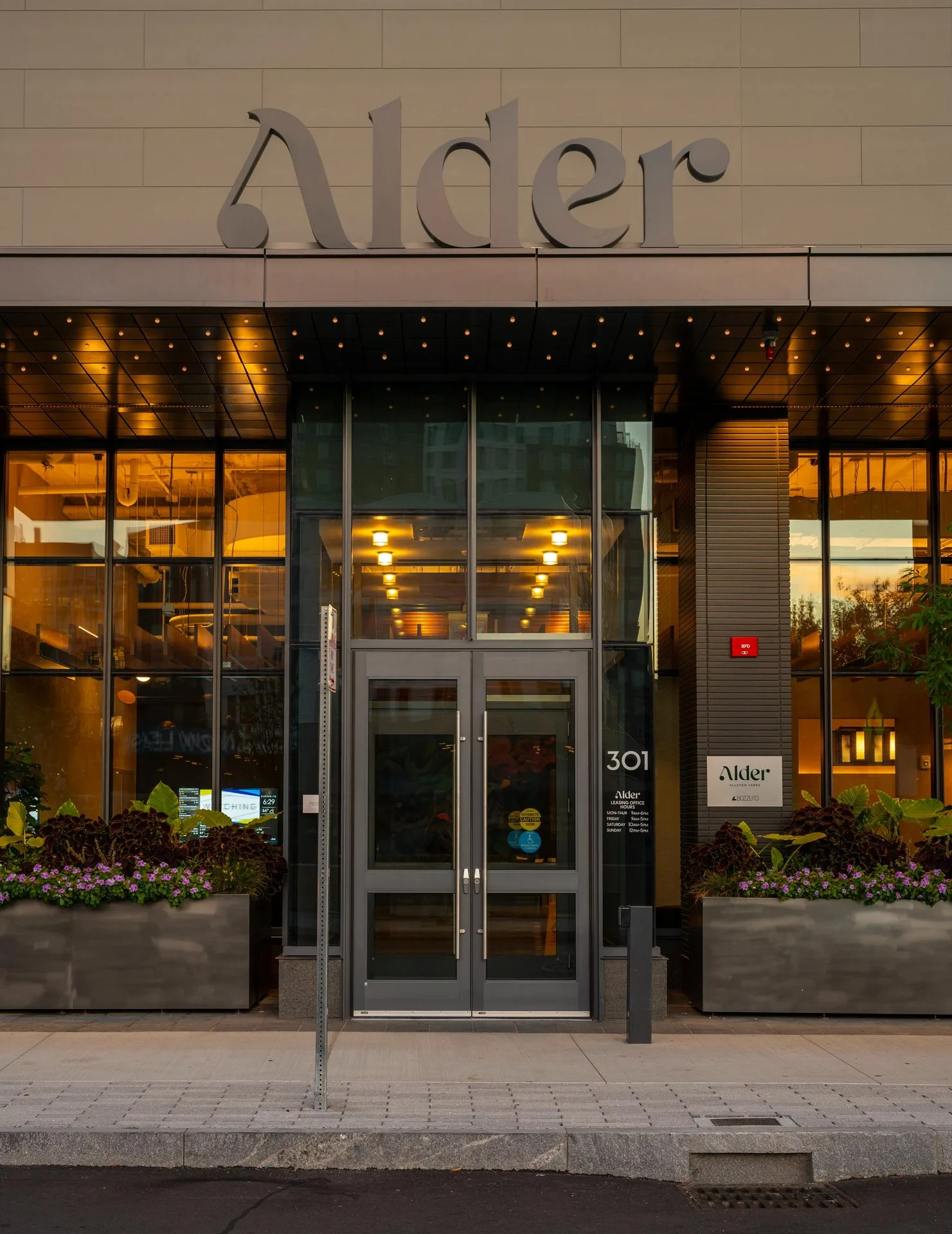 Golden hour at the entrance of Alder – where sunsets meet sophistication.