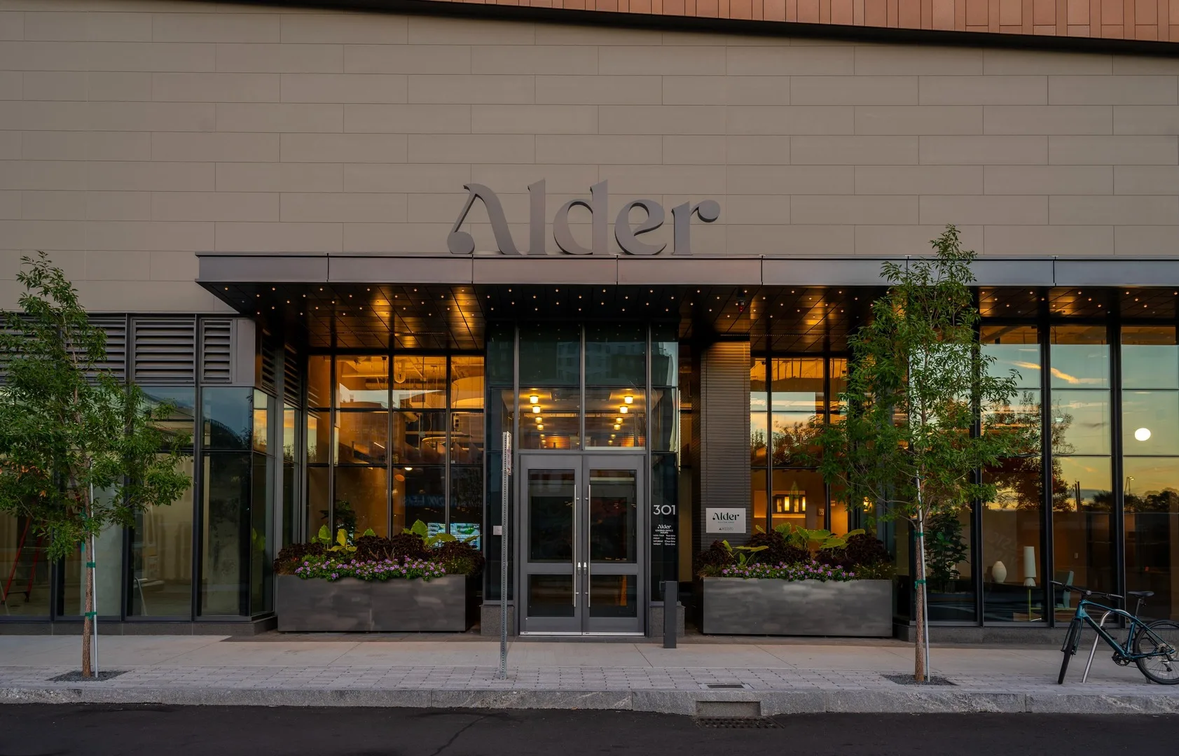 A serene and inviting entrance to Alder, bathed in the warm glow of a sunset.